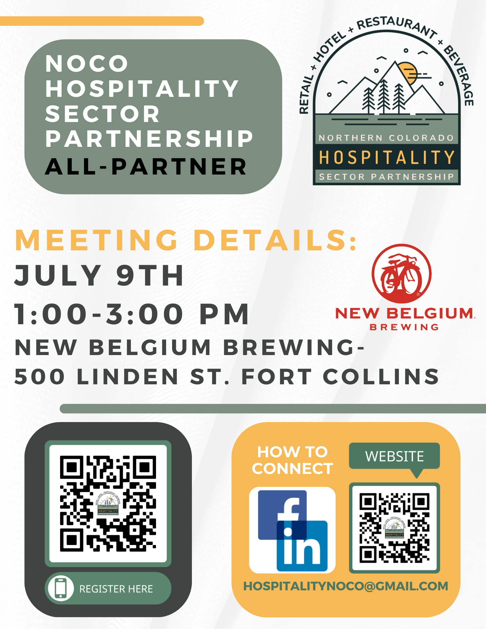Flyer for NOCO Hospitality Sector Partnership All-Partner meeting on July 9th, 1-3 PM at New Belgium Brewing in Fort Collins. Includes QR codes for registration, social media, and website links.