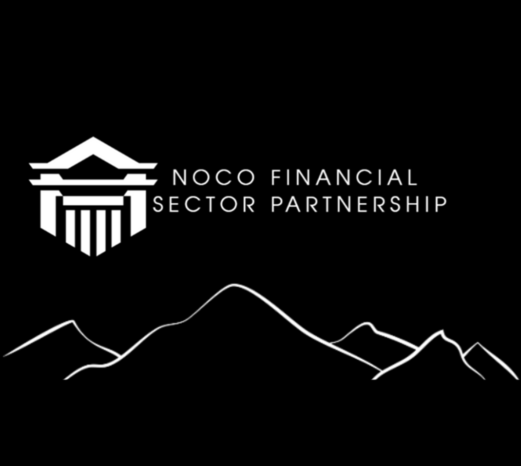 Logo of NOCO Financial Sector Partnership featuring a stylized white building emblem and text on a black background. Below, a minimalist white outline of a mountain range is visible.