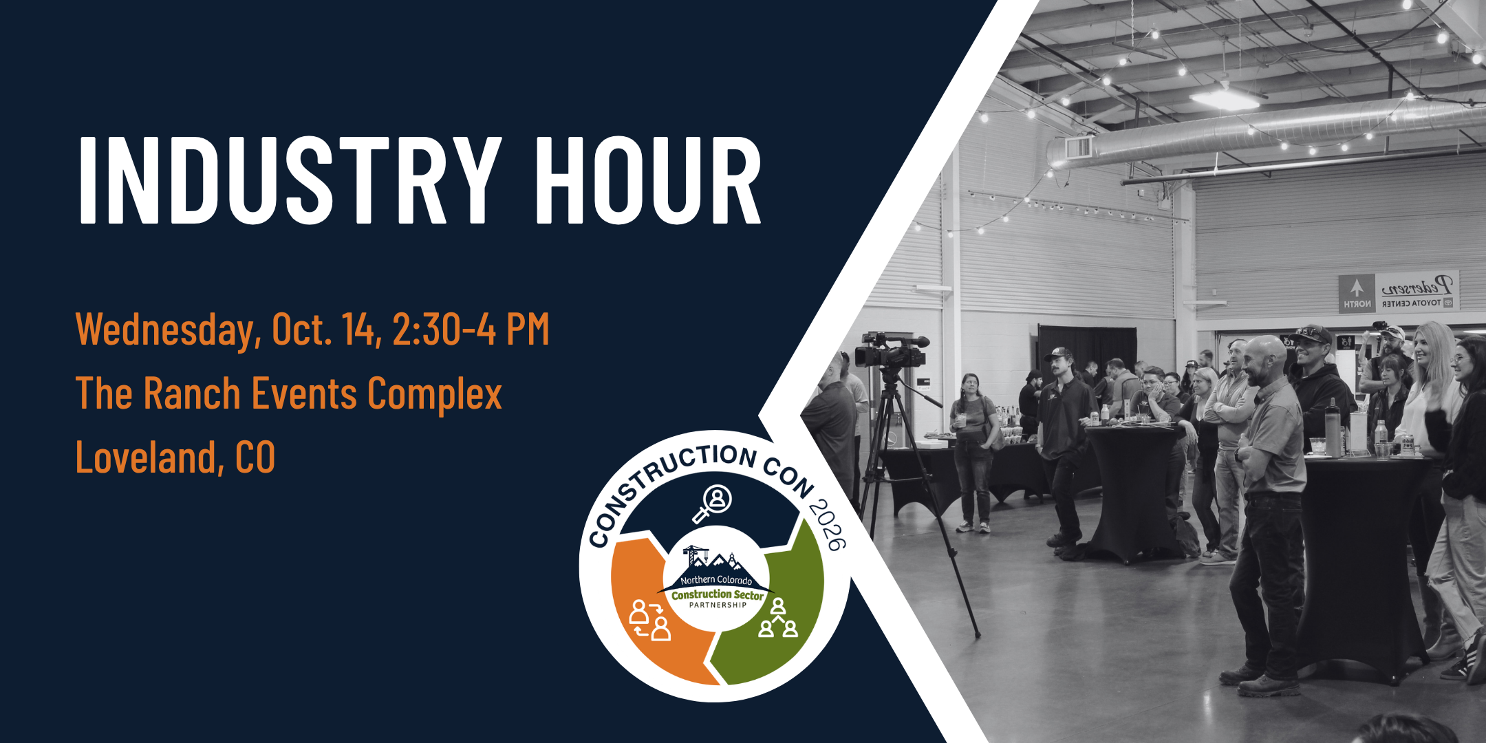 Industry Hour event at The Ranch Events Complex in Loveland, CO on Wednesday, Oct. 14, 2:30-4 PM, featuring a photo of attendees at a professional networking event and the Construction Con 2026 logo.