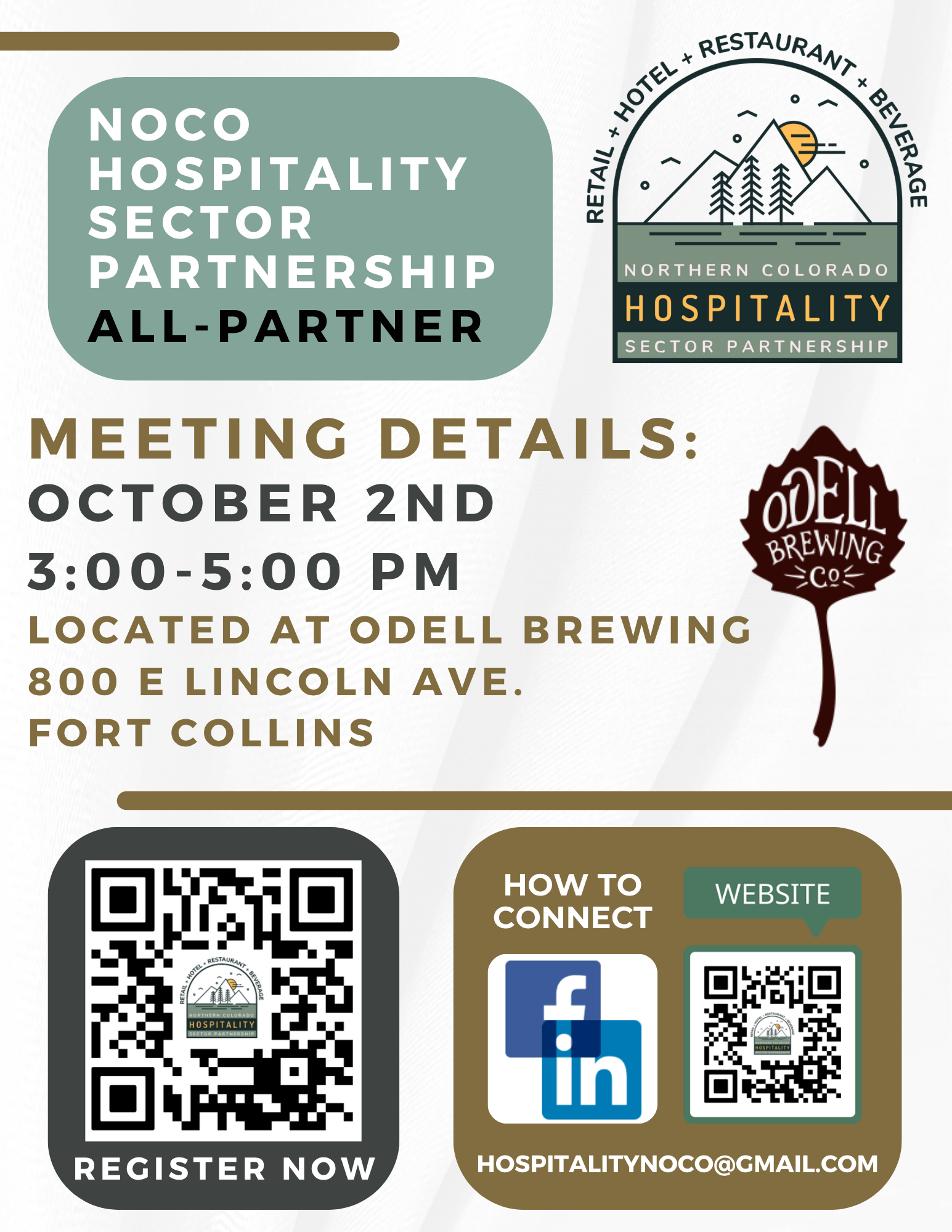 Event flyer for the NoCo Hospitality Sector Partnership All-Partner meeting on October 2nd, 3–5 pm at Odell Brewing, Fort Collins. Includes QR codes, contact info, and icons for LinkedIn, email, and website.