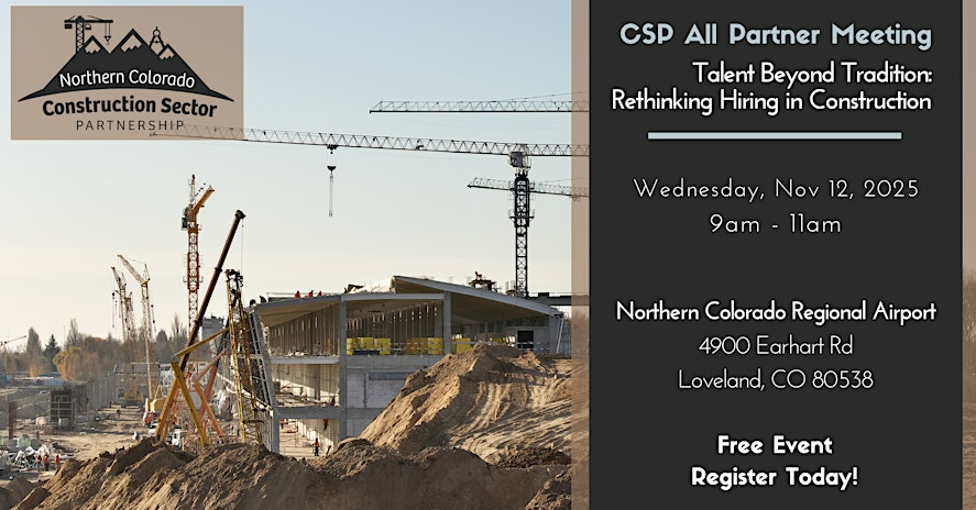 Event flyer for the Northern Colorado Construction Sector Partnership, featuring a construction site with cranes and a partially built structure. Event details: Nov 12, 2025, 9–11am at Northern Colorado Regional Airport. Free event.