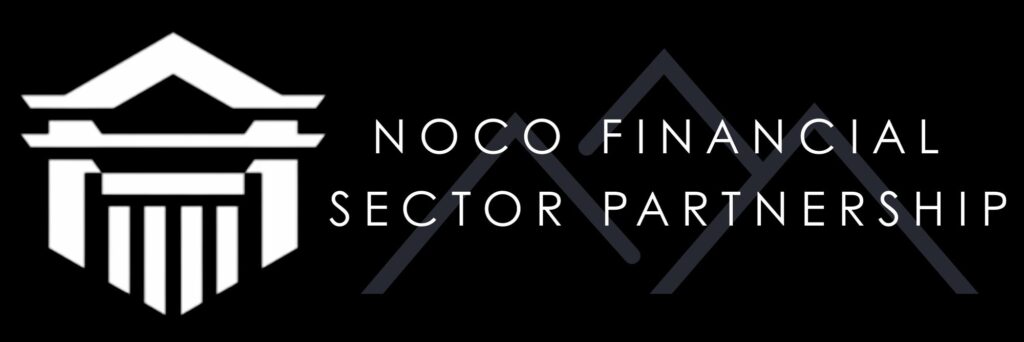 White geometric emblem resembling a building next to the text "NOCO FINANCIAL SECTOR PARTNERSHIP" in white, overlaid on a black background with outlined mountain shapes in gray.