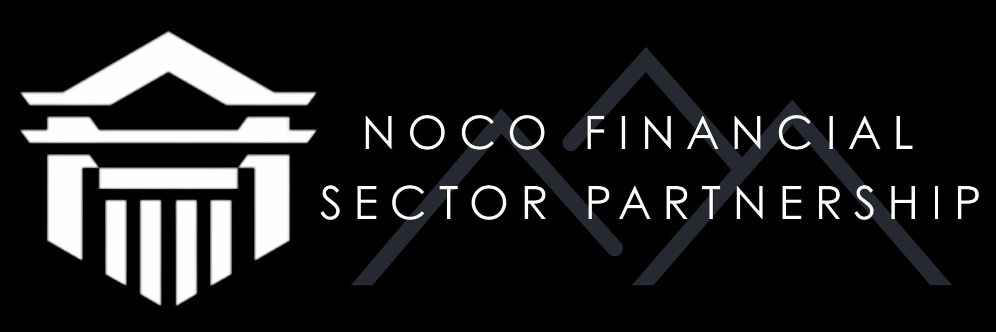 White geometric emblem resembling a building next to the text "NOCO FINANCIAL SECTOR PARTNERSHIP" in white, overlaid on a black background with outlined mountain shapes in gray.