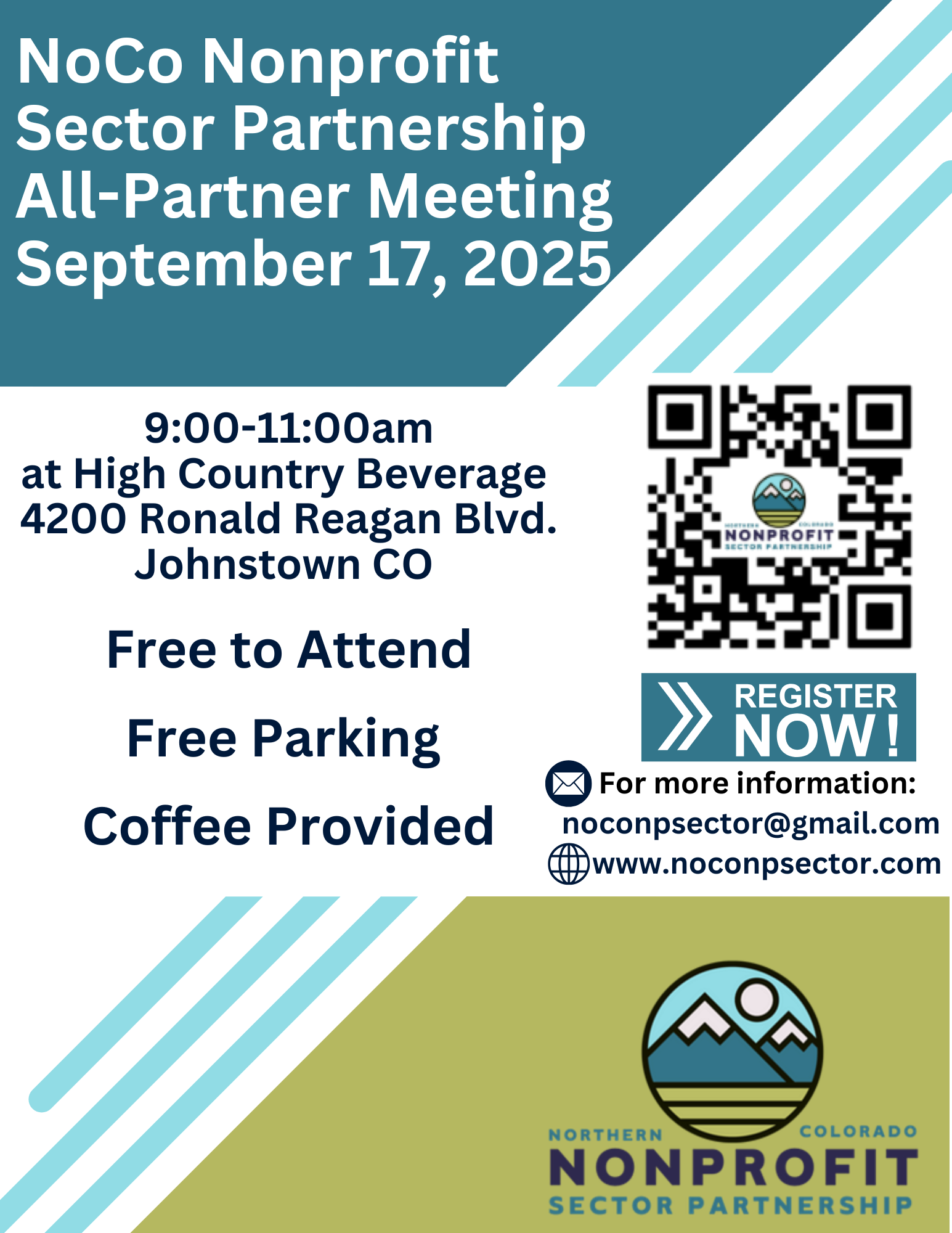 Flyer for NoCo Nonprofit Sector Partnership All-Partner Meeting on September 17, 2025, 9-11am at High Country Beverage in Johnstown, CO. Free to attend, free parking, coffee provided. Includes QR code and contact info.