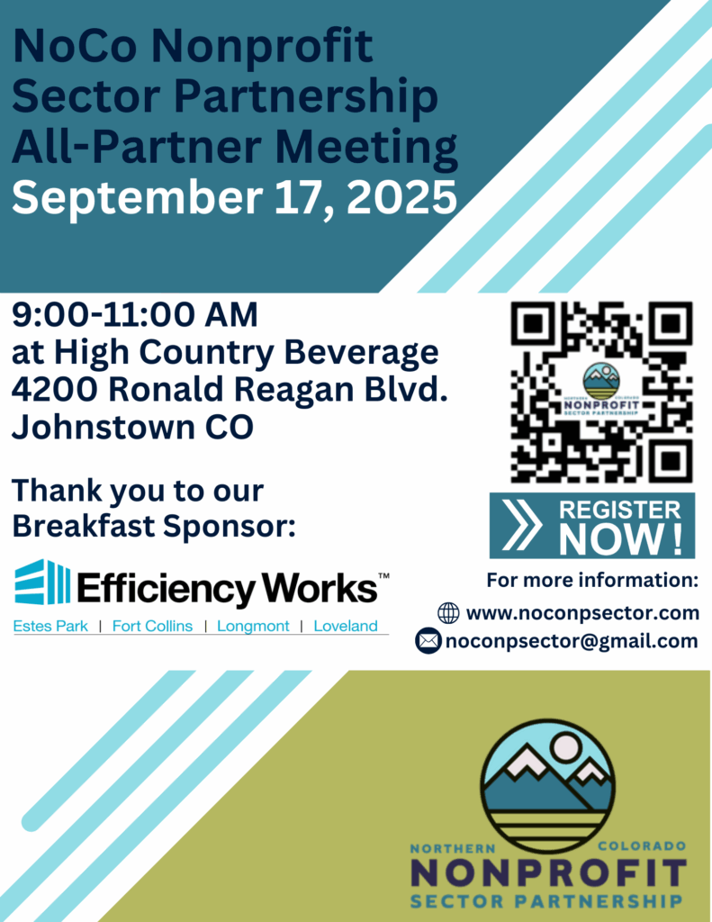 Flyer for NoCo Nonprofit Sector Partnership All-Partner Meeting on September 17, 2025, 9-11 AM at High Country Beverage, Johnstown, CO. Features sponsor Efficiency Works and registration details with logos and QR code.