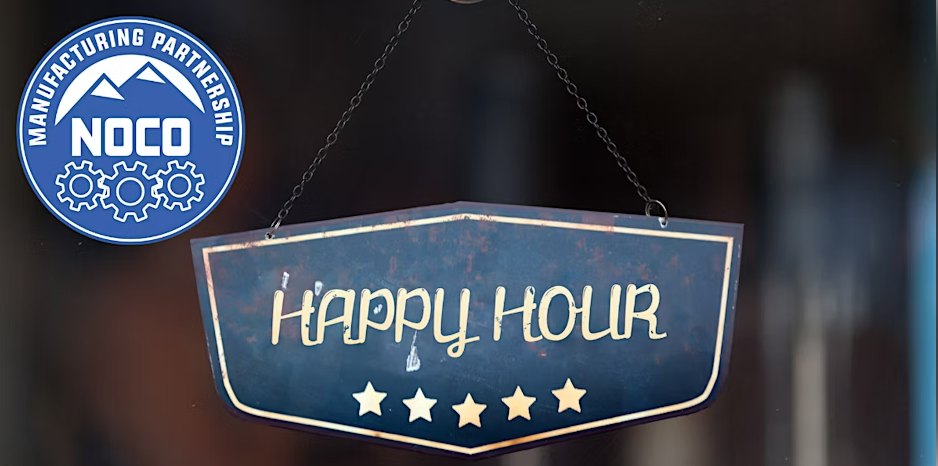 A sign that reads "Happy Hour" with five stars hangs from a chain. In the top left corner, there is a blue circular logo saying "NOCO Manufacturing Partnership" with gear and mountain graphics.