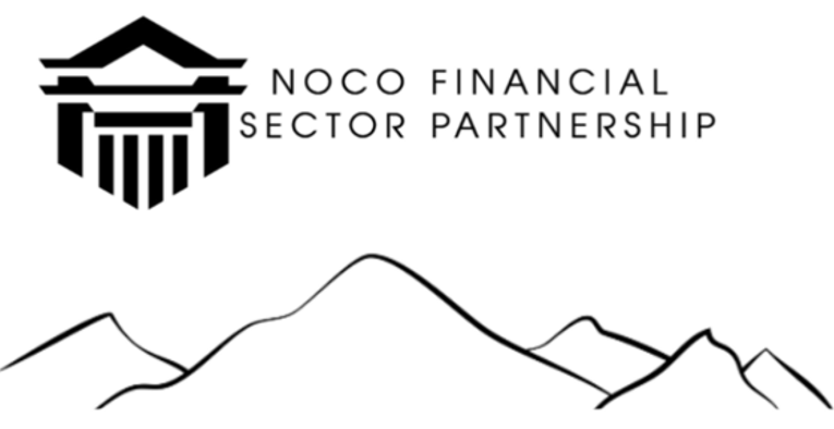 Black and white logo for NOCO Financial Sector Partnership with a stylized column and roof icon above a simple line drawing of mountain peaks.