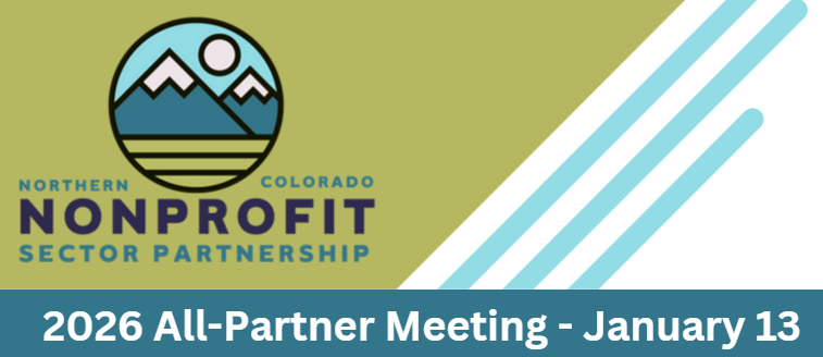 Logo for Northern Colorado Nonprofit Sector Partnership featuring mountains and sun, with text: "2026 All-Partner Meeting - January 13" on a teal banner at the bottom, and diagonal blue lines on the right.