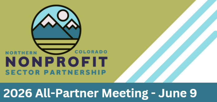 Logo for Northern Colorado Nonprofit Sector Partnership with a mountain and sun illustration. Text below says "2026 All-Partner Meeting - June 9" on a blue banner with diagonal white and blue lines on the right.