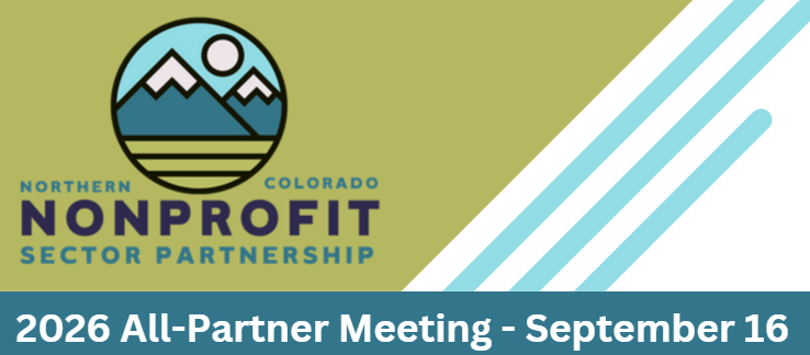 Logo for the Northern Colorado Nonprofit Sector Partnership with mountains and sun, alongside text announcing the 2026 All-Partner Meeting on September 16. Blue and green background with diagonal lines.