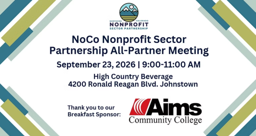 Event flyer for NoCo Nonprofit Sector Partnership meeting on September 23, 2026, at High Country Beverage, Johnstown. Breakfast sponsor: Aims Community College.