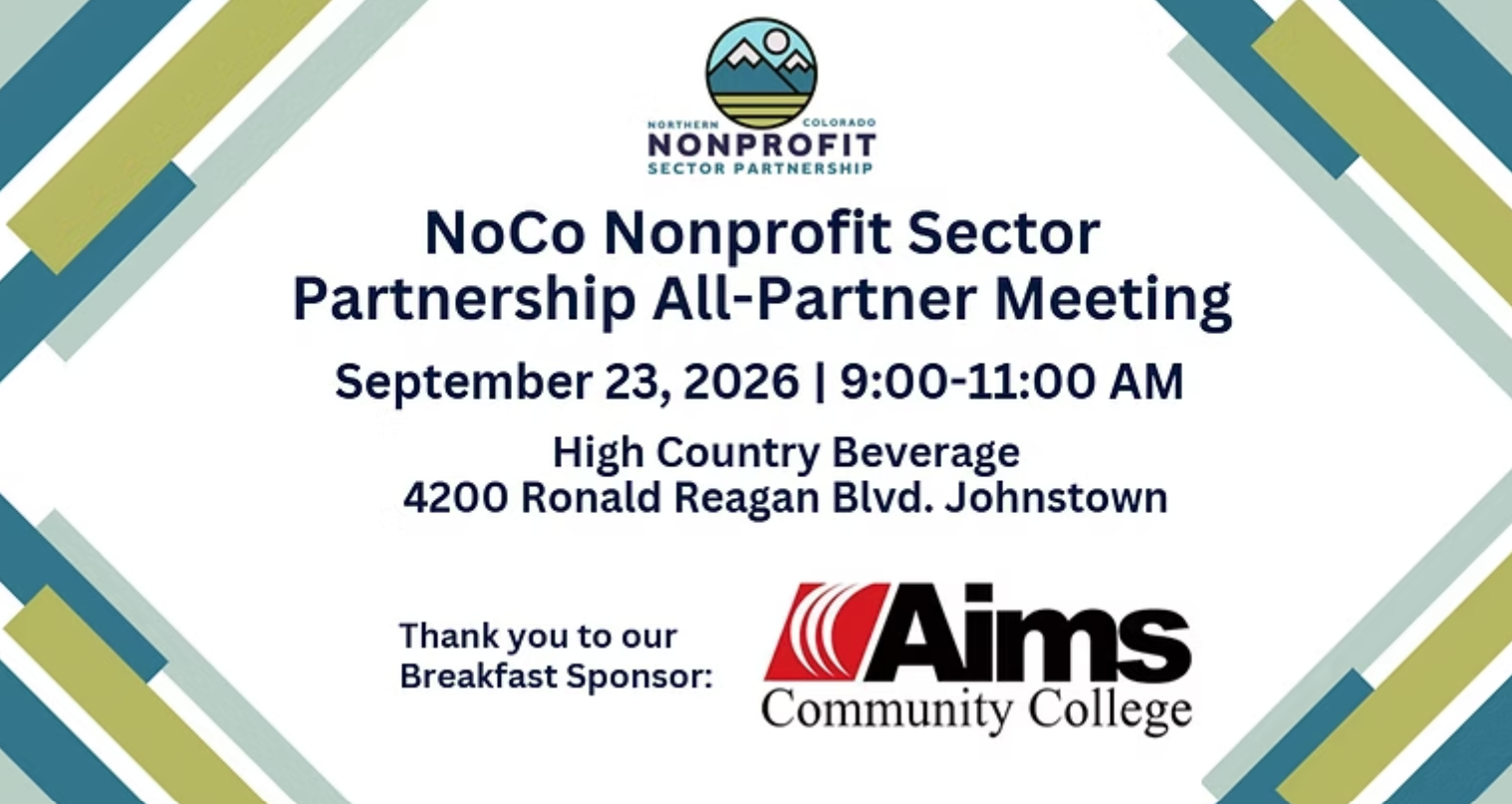 Event flyer for NoCo Nonprofit Sector Partnership meeting on September 23, 2026, at High Country Beverage, Johnstown. Breakfast sponsor: Aims Community College.