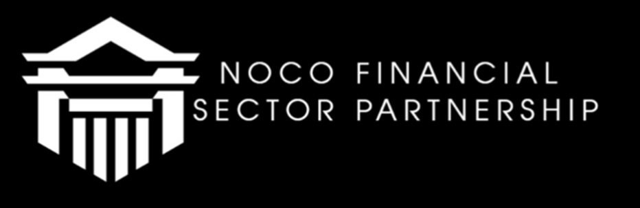 Logo of NOCO Financial Sector Partnership featuring a stylized white building with columns on a black background, with the organization’s name in capital letters to the right of the icon.