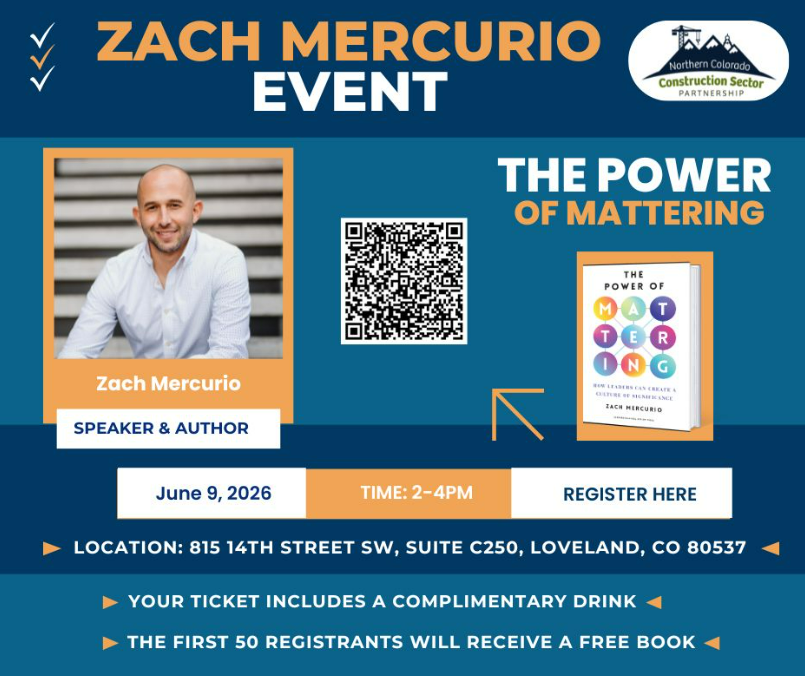 Event flyer for “The Power of Mattering” featuring speaker Zach Mercurio. Includes his photo, event details (June 9, 2026, 2–4 PM, Loveland, CO), QR code, and mentions a free drink and book for early registrants.