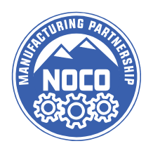 Blue and white circular logo with the words "Manufacturing Partnership" around the top, three gears along the bottom, mountains above the word "NOCO" in the center.