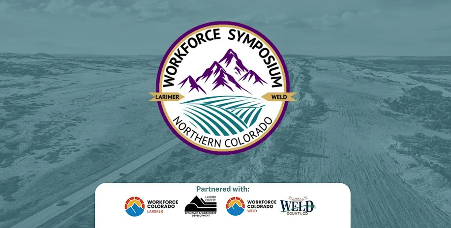 Logo for the Workforce Symposium Northern Colorado with mountains and fields, partnered with Workforce Colorado Larimer, Weld, and Larimer County Economic Development. Background shows an aerial view of a rural landscape.